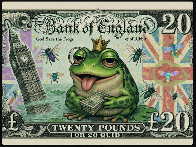 frog on british pound satire