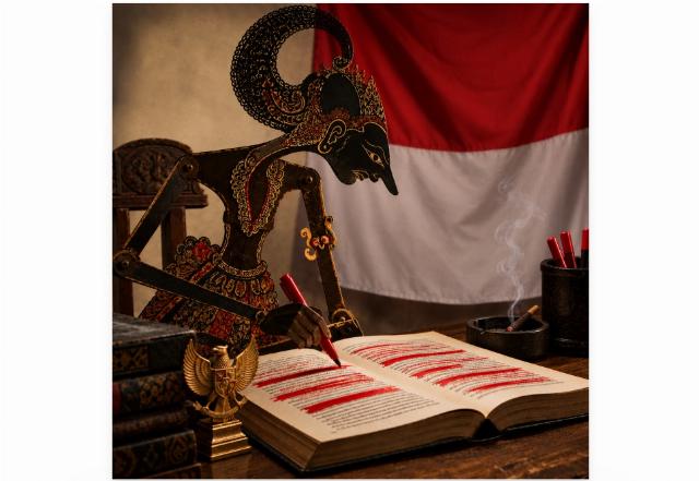 Indonesian shadow puppet censoring a book, illustration