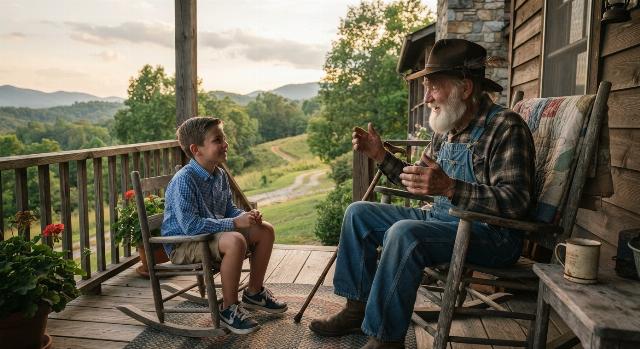 Hillbilly grandpa and grandson